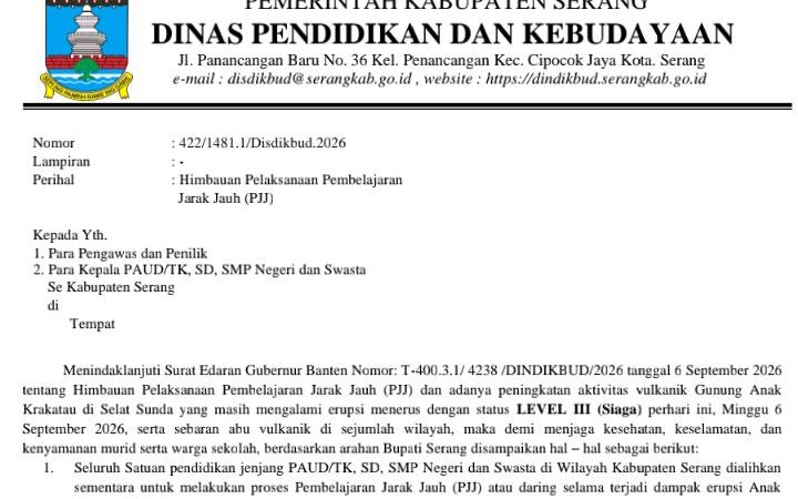 SE Terbit, Dindikbud Serang Terapkan PJJ Akibat Erupsi Gunung Anak Krakatau